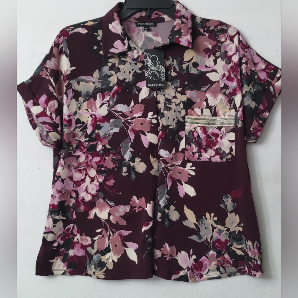 Ava‎ & Grace Women's Floral Top Color Purple Size Large Short Sleeve